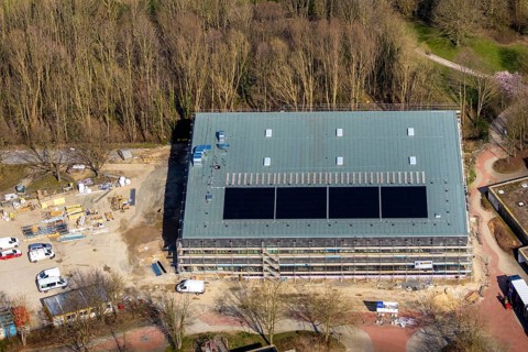 Aerial view, construction site, new sports hall at Börde-Berufskolleg, Soest, Soester Börde, North