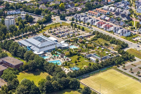 Aerial view, adventure pool, Aqua Spa and Aqua Fun Soest, outdoor pool, bathers, Soest, Soester