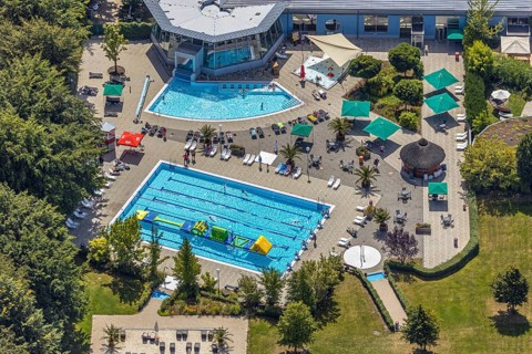 Aerial view, adventure pool, Aqua Spa and Aqua Fun Soest, outdoor pool, bathers, Soest, Soester