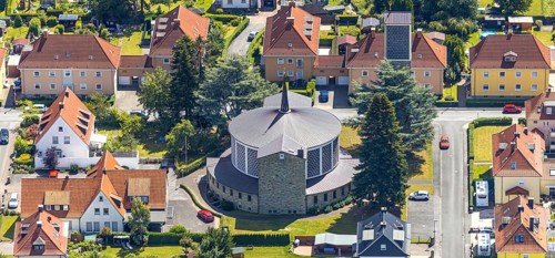Aerial view, St. Bruno Church, architects Aloys Dietrich and Bernhard Lippsmeier designed the St.
