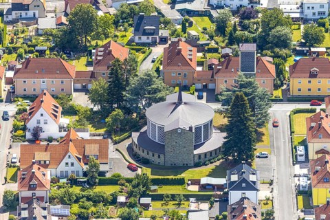 Aerial view, St. Bruno Church, architects Aloys Dietrich and Bernhard Lippsmeier designed the St.