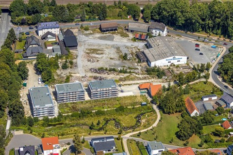 Aerial view, three residential buildings at the renaturalised Soestbach, former outdoor swimming