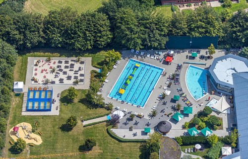 Aerial view, adventure pool, Aqua Spa and Aqua Fun Soest, outdoor pool, bathers, Soest, Soester