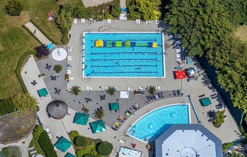 Aerial view, adventure pool, Aqua Spa and Aqua Fun Soest, outdoor pool, bathers, Soest, Soester