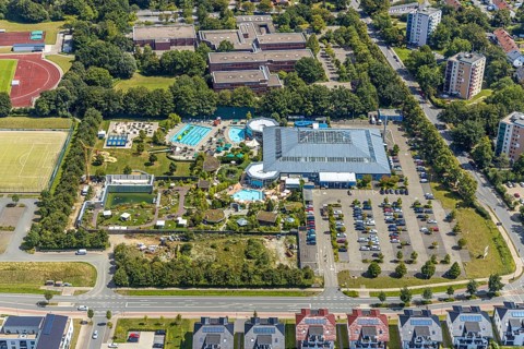 Aerial view, adventure pool, Aqua Spa and Aqua Fun Soest, outdoor pool, bathers, Soest, Soester