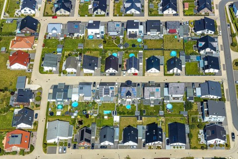 Aerial view, new development area on Ardeyweg, west of Soest, detached houses with pools in the