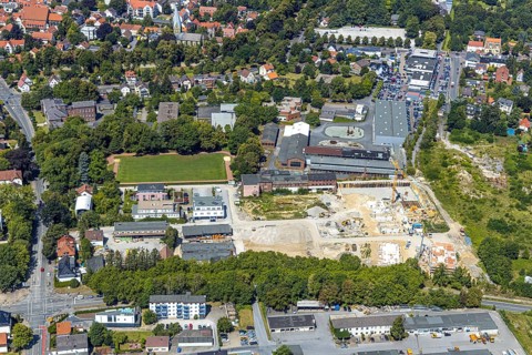 Aerial view, Merkur Living - Merkurhöfe, Merkur premises, brick building, new development area with