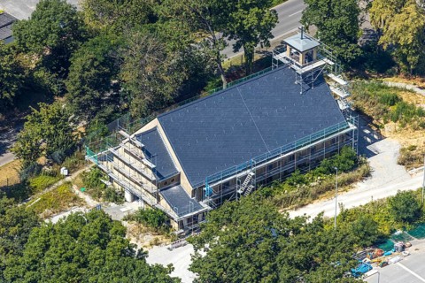 Aerial view, former Kanaal van Wessem barracks, military chapel being restored, Hiddinser Weg,