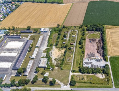 Aerial view, former Kanaal van Wessem barracks, military chapel being restored, Hiddinser Weg,