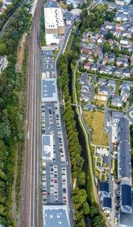 Aerial view, shopping centre Untere Promenade, Hönneinsel, Menden, Sauerland, Märkischer Kreis,