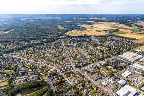 Aerial view, view of Platte Heide, meadows and fields, Menden, Sauerland, Märkischer Kreis, North