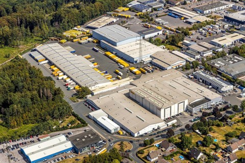 Aerial view, Meisenweg industrial estate, DHL Freight GmbH, Menden, Sauerland, Märkischer Kreis,