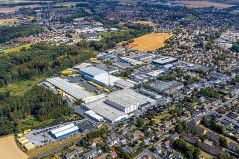 Aerial view, Meisenweg industrial estate, DHL Freight GmbH, Menden, Sauerland, Märkischer Kreis,