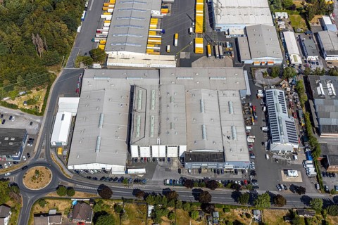 Aerial view, Meisenweg industrial estate, DHL Freight GmbH, Menden, Sauerland, Märkischer Kreis,