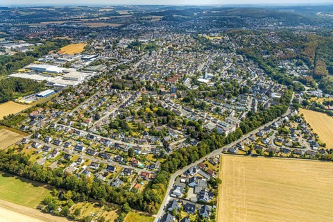 Aerial view, local view Platte Heide, meadows and fields, Menden, Sauerland, Märkischer Kreis,