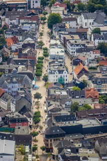 Aerial view, pedestrian zone, city centre, market place, old town hall, Menden, Sauerland,
