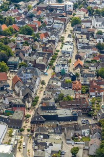 Aerial view, pedestrian zone, city centre, market place, old town hall, Menden, Sauerland,
