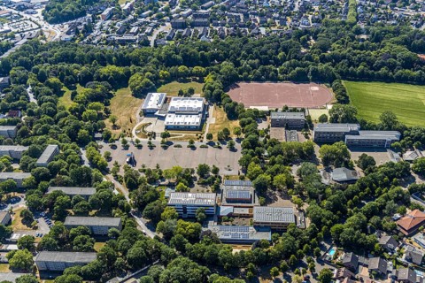 Aerial view, Gymnasium Rheinkamp, ENNI Sportpark Rheinkamp, FC Moers-Meerfeld, Mörs, Ruhr area,