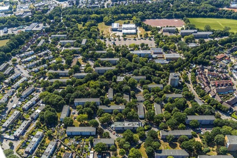 Aerial photo, housing estate, Gymnasium Rheinkamp, ENNI Sportpark Rheinkamp, FC Moers-Meerfeld,