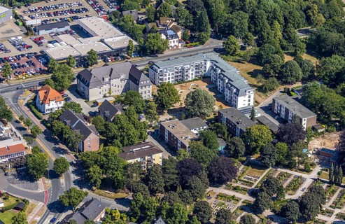 Aerial photo, new building, social housing, Rheinberger Straße, Utfort, Mörs, Ruhr area, North