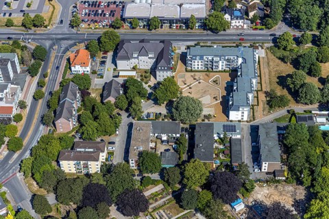 Aerial photo, new building, social housing, Rheinberger Straße, Utfort, Mörs, Ruhr area, North