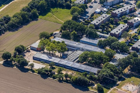 Aerial photo, KiTa Kindergarten Bauklötzchen, Eick, Mörs, Ruhr area, North Rhine-Westphalia,