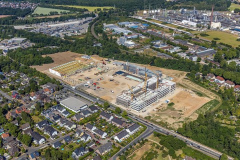 Aerial view, new building EDEKA administration building food retail beverage market, car park,