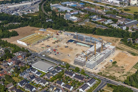 Aerial view, new building EDEKA administration building food retail beverage market, car park,