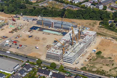 Aerial view, new building EDEKA administration building food retail beverage market, car park,
