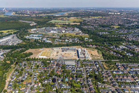 Aerial view, new building EDEKA administration building food retail beverage market, car park,