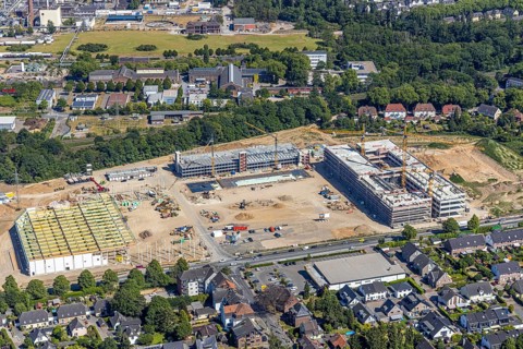 Aerial view, new building EDEKA administration building food retail beverage market, car park,