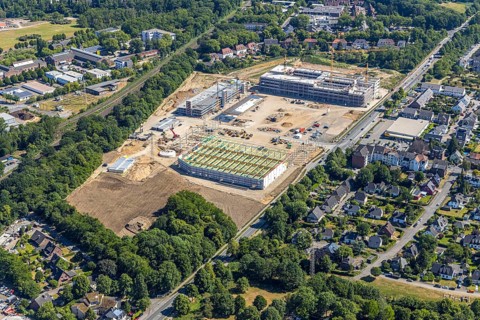 Aerial view, new building EDEKA administration building food retail beverage market, car park,