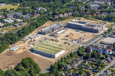 Aerial view, new building EDEKA administration building food retail beverage market, car park,