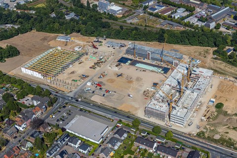 Aerial view, new building EDEKA administration building food retail beverage market, car park,