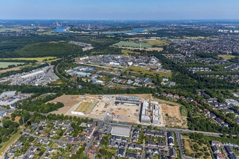 Aerial view, new building EDEKA administration building food retail beverage market, car park,