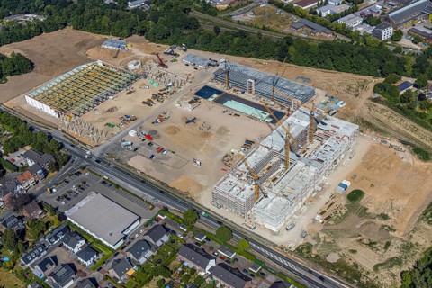 Aerial view, new building EDEKA administration building food retail beverage market, car park,