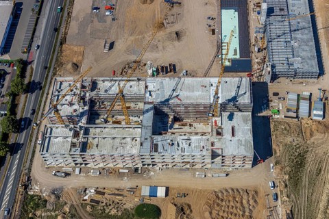 Aerial view, new building EDEKA administration building food retail beverage market, car park,