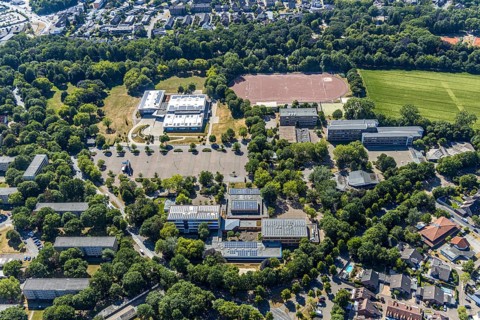 Aerial view, Gymnasium Rheinkamp, ENNI Sportpark Rheinkamp, FC Moers-Meerfeld, Mörs, Ruhr area,