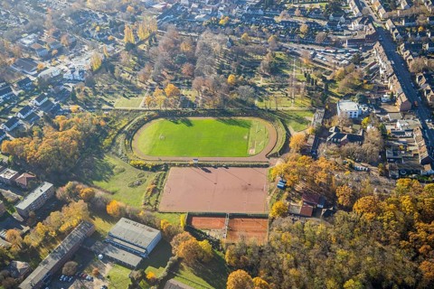 Aerial view, sports field Rheinpreußenstadion, Rheinkamp-Meerbeck, Mörs, Ruhr area, North