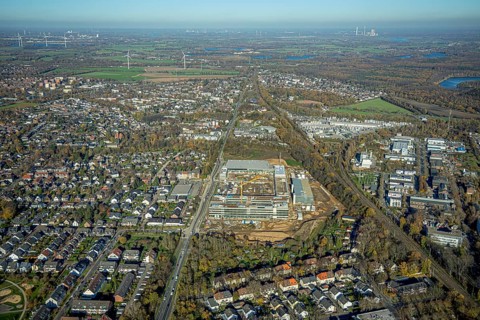 Aerial view, construction site, new Edeka headquarters, Rheinberger Straße, Rheinkamp-Utfort, Mörs,