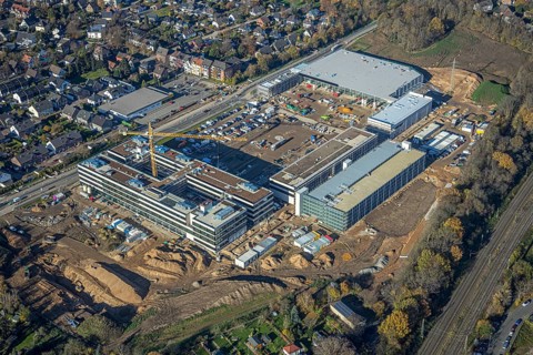 Aerial view, construction site, new Edeka headquarters, Rheinberger Straße, Rheinkamp-Utfort, Mörs,