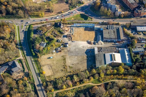 Aerial view, development Am Fünderich, intersection Rheinberger Straße Rheurdter Straße, Mörs, Ruhr