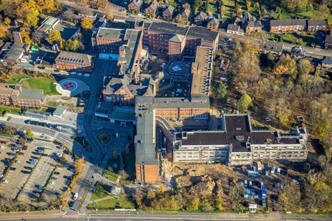 Aerial view, Stiftung Krankenhaus Bethanien Mörs, Mörs, Ruhr area, North Rhine-Westphalia, Germany,