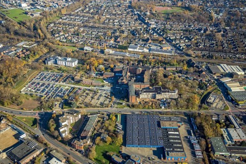 Aerial view, Stiftung Krankenhaus Bethanien Mörs, Mörs, Ruhr area, North Rhine-Westphalia, Germany,