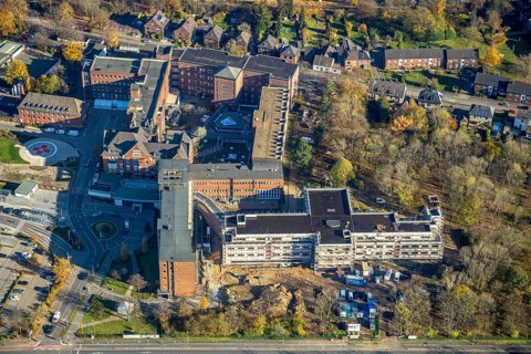 Aerial view, Stiftung Krankenhaus Bethanien Mörs, Mörs, Ruhr area, North Rhine-Westphalia, Germany,