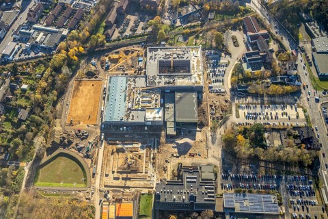 Aerial view, construction site, new school building, vocational college campus for technology Mörs,