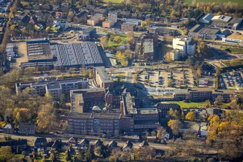 Aerial view, Stiftung Krankenhaus Bethanien Mörs, Mörs, Ruhr area, North Rhine-Westphalia, Germany,