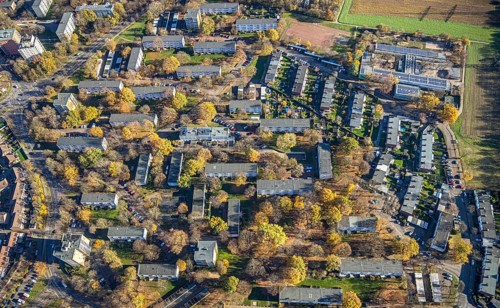 Aerial view, residential area Im Meerfeld, Nehrunger Weg, Rheinkamp-Mitte, Mörs, Ruhr area, North