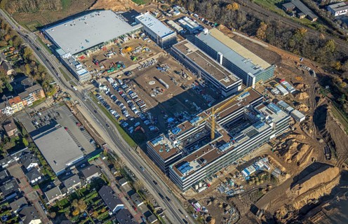 Aerial view, construction site, new Edeka headquarters, Rheinberger Straße, Rheinkamp-Utfort, Mörs,