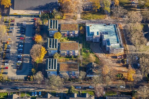 Aerial photo, construction site Eupener Straße, AWO Association for Guardianship and Care,